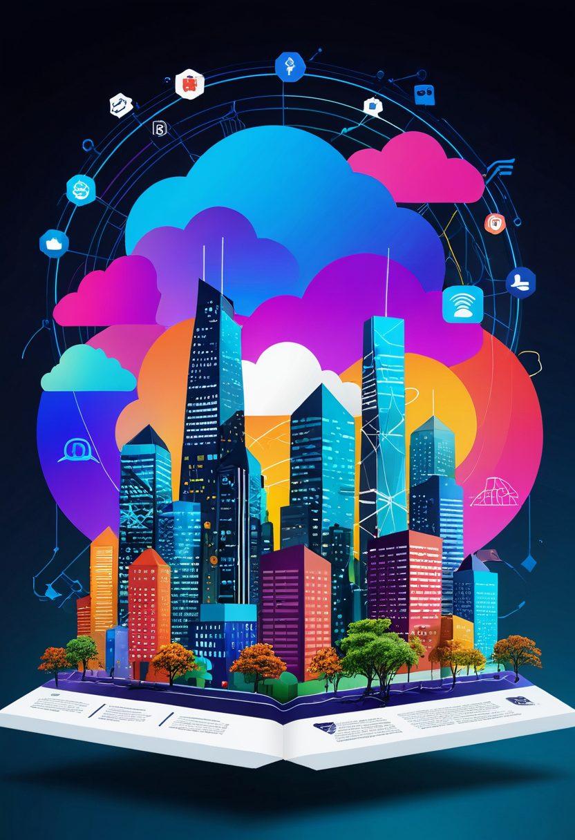 A digital collage representing the transformation of the insurance landscape, featuring a blend of traditional policy documents transitioning into various online platform interfaces. Overlay this with images of diverse people engaging with technology, symbolizing inclusivity and innovation. Integrate visual elements like graphs, cloud symbols, and secure locks to emphasize digital security in insurance. The background should be a futuristic cityscape to highlight the digital aspect. vibrant colors. 3D depth.