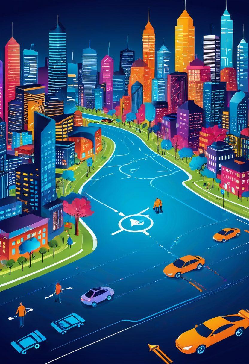 A modern digital landscape with interactive icons representing various insurance options like health, car, and home insurance. Include a compass and a smart device showing a clear path leading to affordable solutions. The background features a city skyline blended with technology symbols like circuit patterns, conveying a smart and connected world. Illustrate a diverse group of people engaged in discussions, embodying collaboration and accessibility. vibrant colors. vector art.